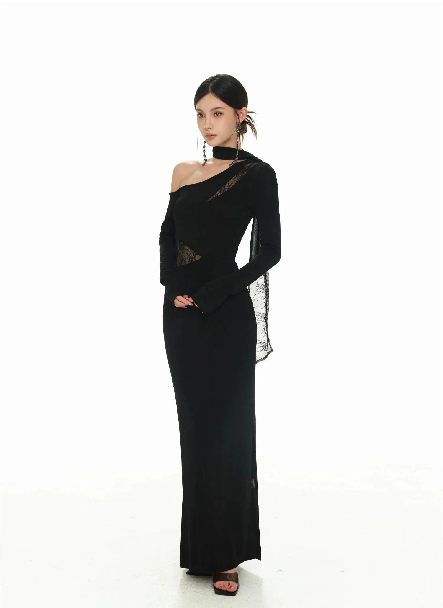 One-Shoulder Lace Detail Long Sleeve Dress with Scarf