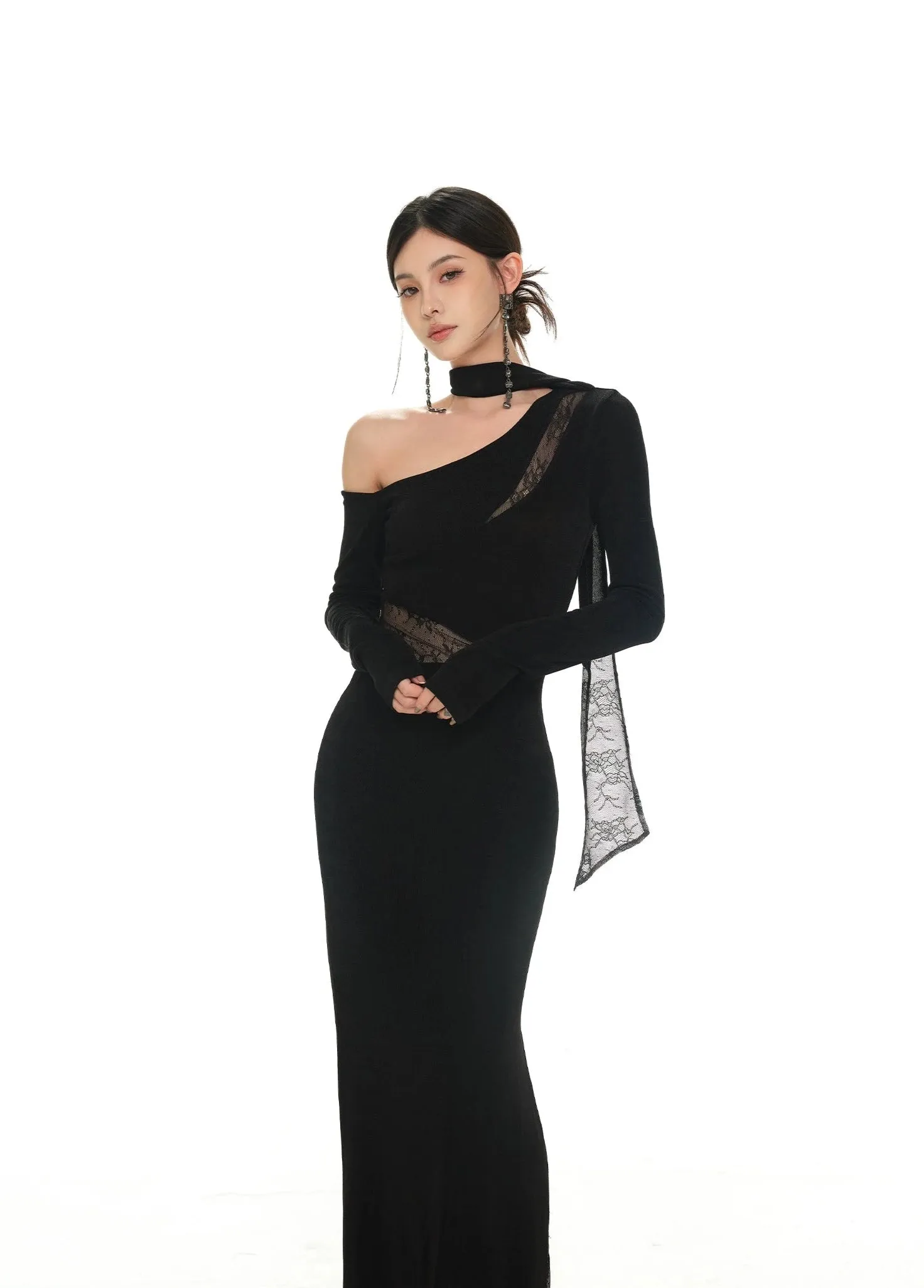 One-Shoulder Lace Detail Long Sleeve Dress with Scarf