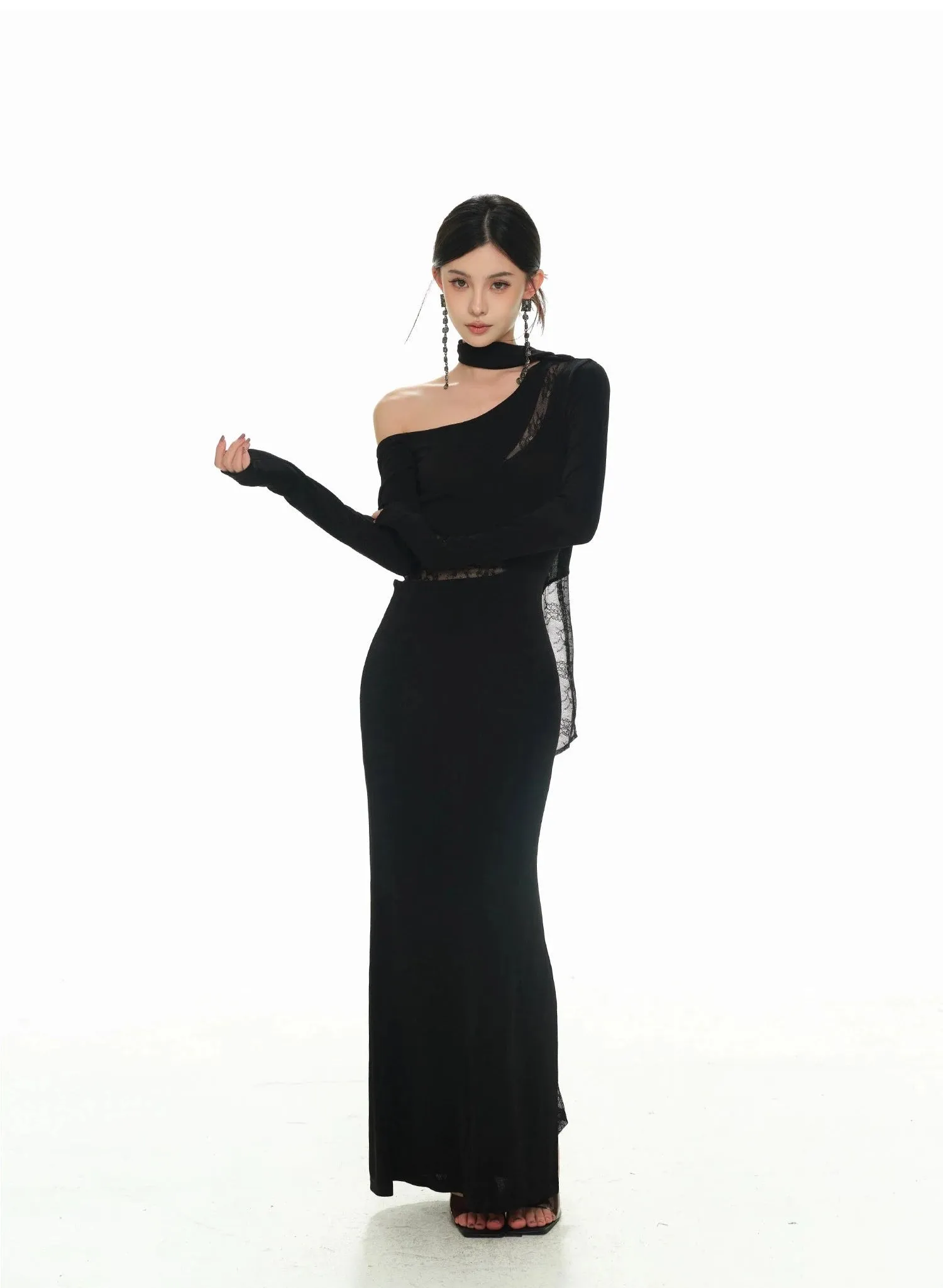 One-Shoulder Lace Detail Long Sleeve Dress with Scarf