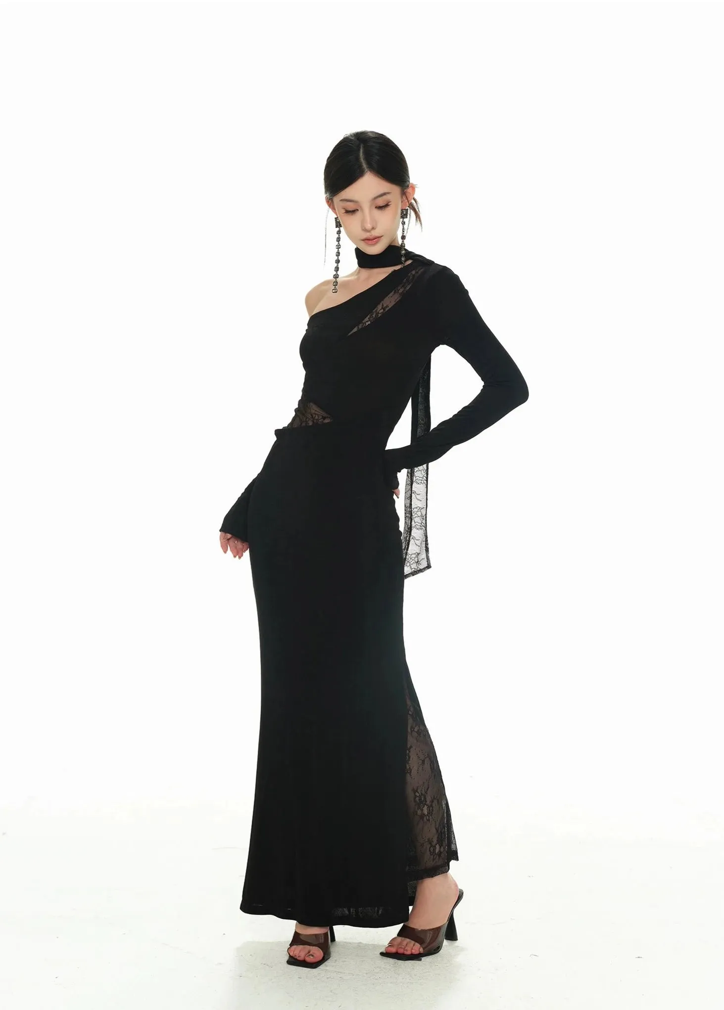 One-Shoulder Lace Detail Long Sleeve Dress with Scarf