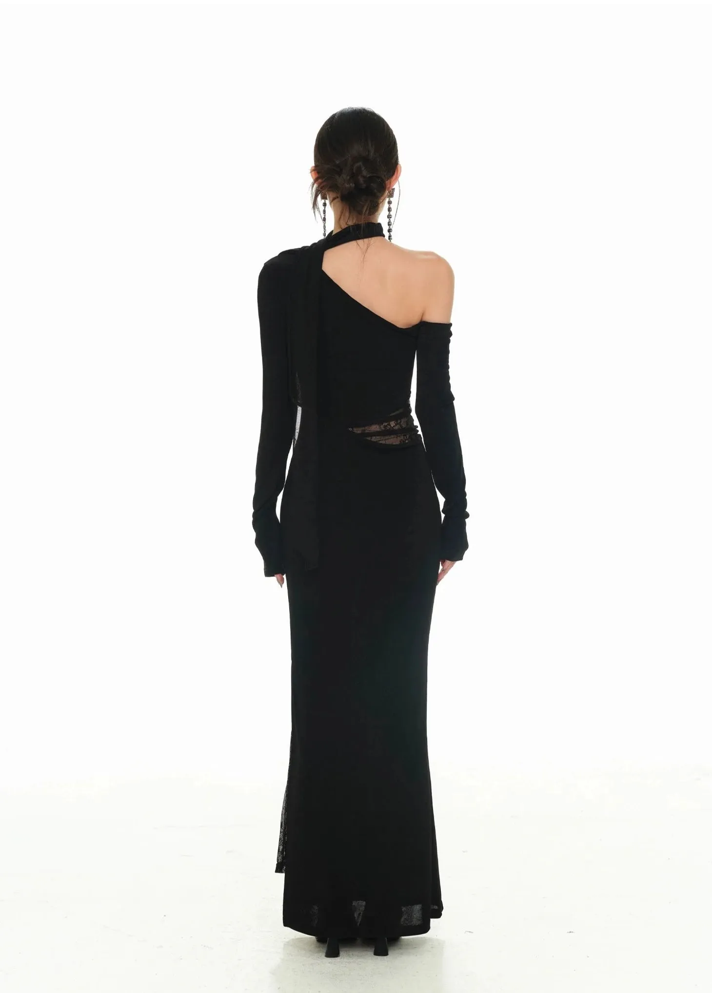 One-Shoulder Lace Detail Long Sleeve Dress with Scarf