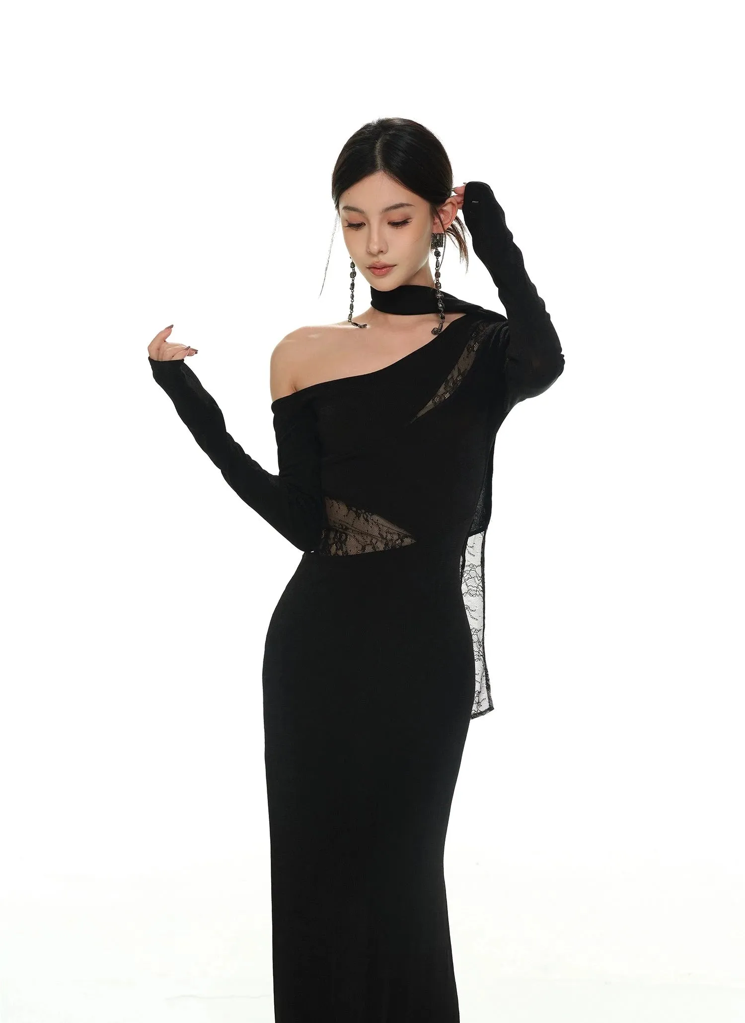 One-Shoulder Lace Detail Long Sleeve Dress with Scarf