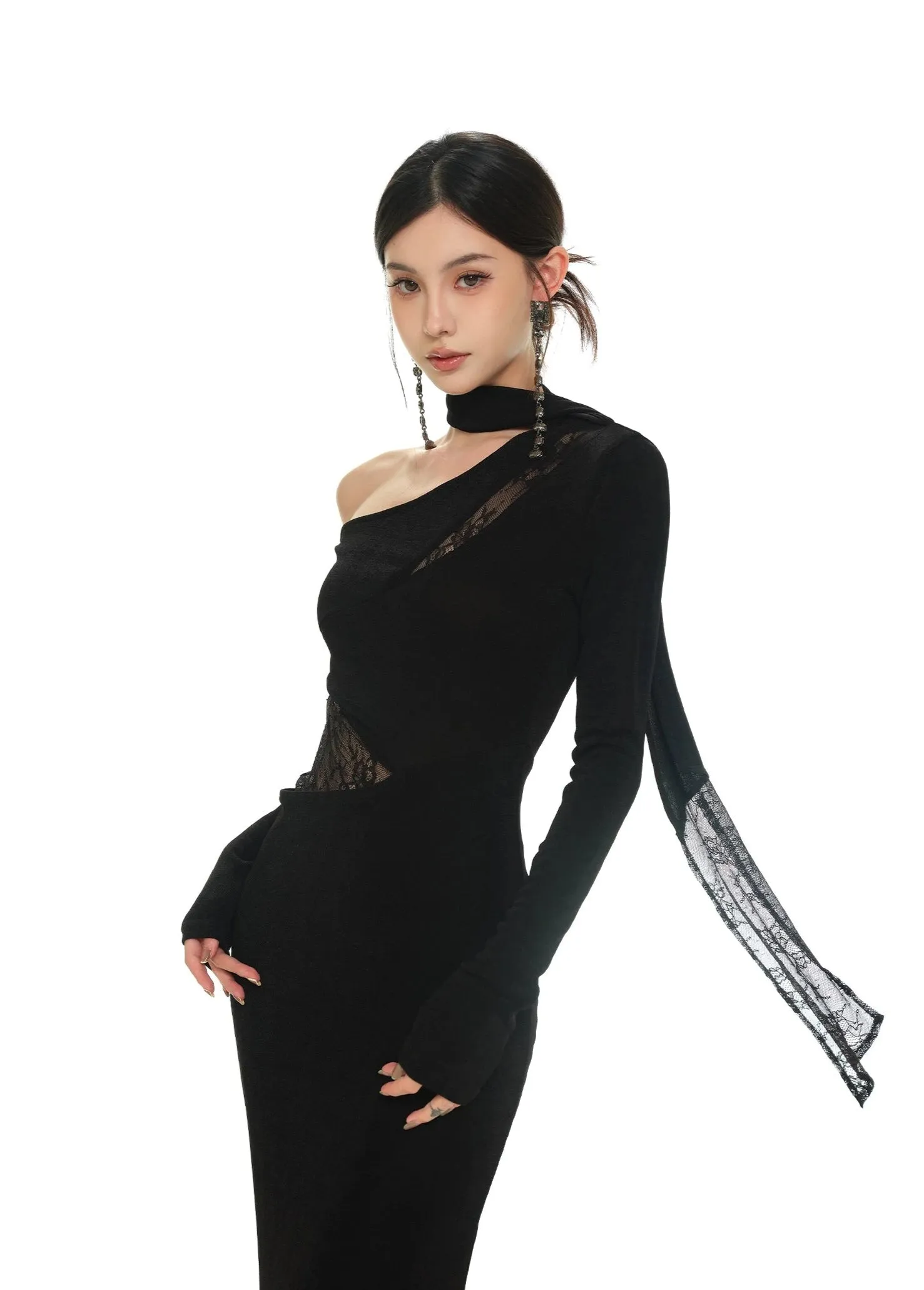 One-Shoulder Lace Detail Long Sleeve Dress with Scarf