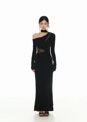 One-Shoulder Lace Detail Long Sleeve Dress with Scarf