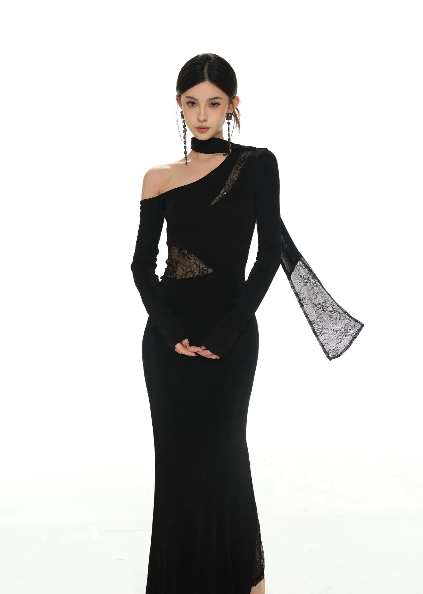 One-Shoulder Lace Detail Long Sleeve Dress with Scarf