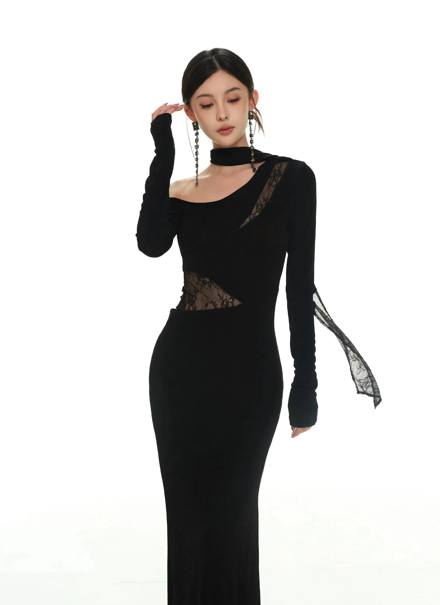 One-Shoulder Lace Detail Long Sleeve Dress with Scarf