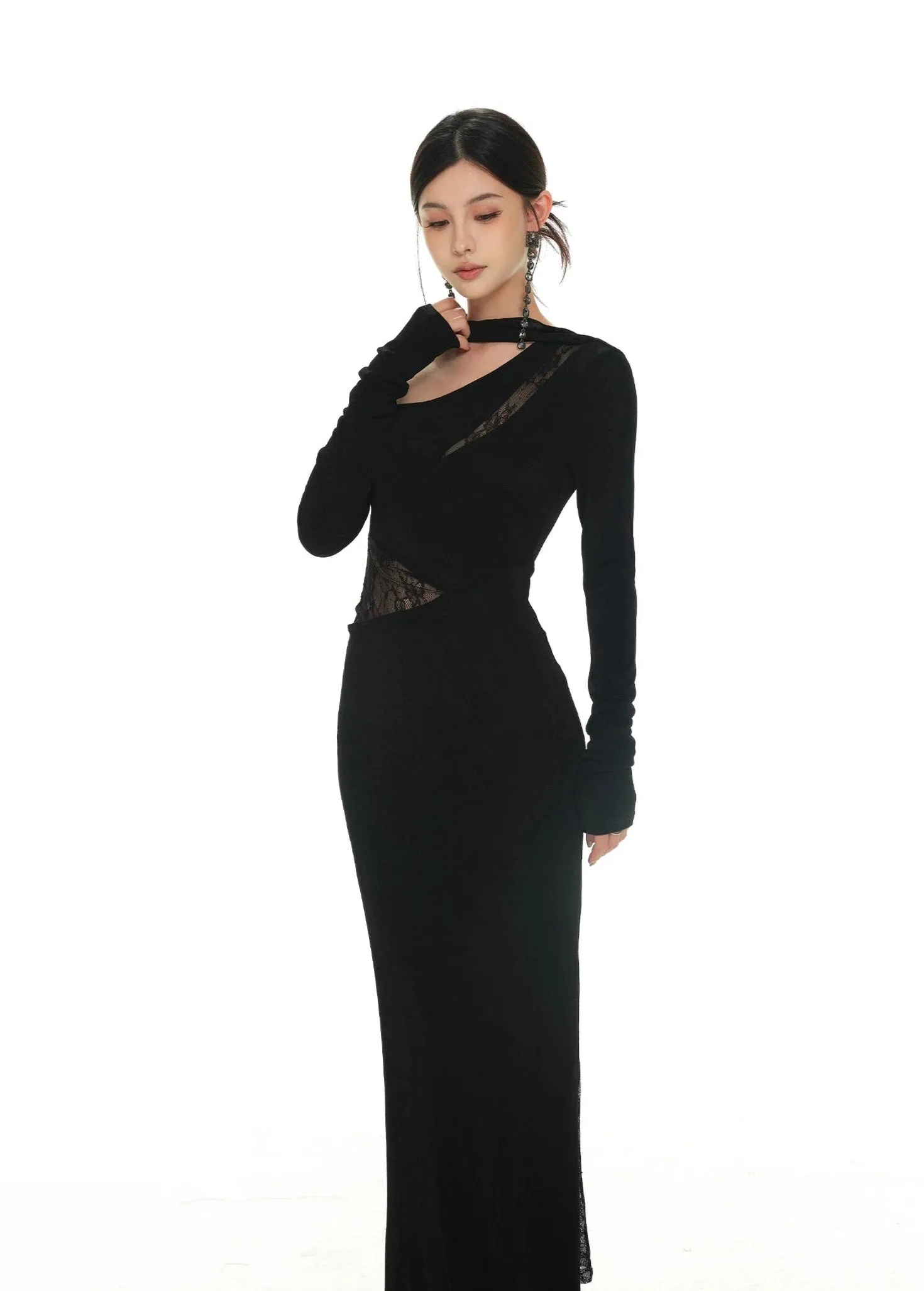 One-Shoulder Lace Detail Long Sleeve Dress with Scarf