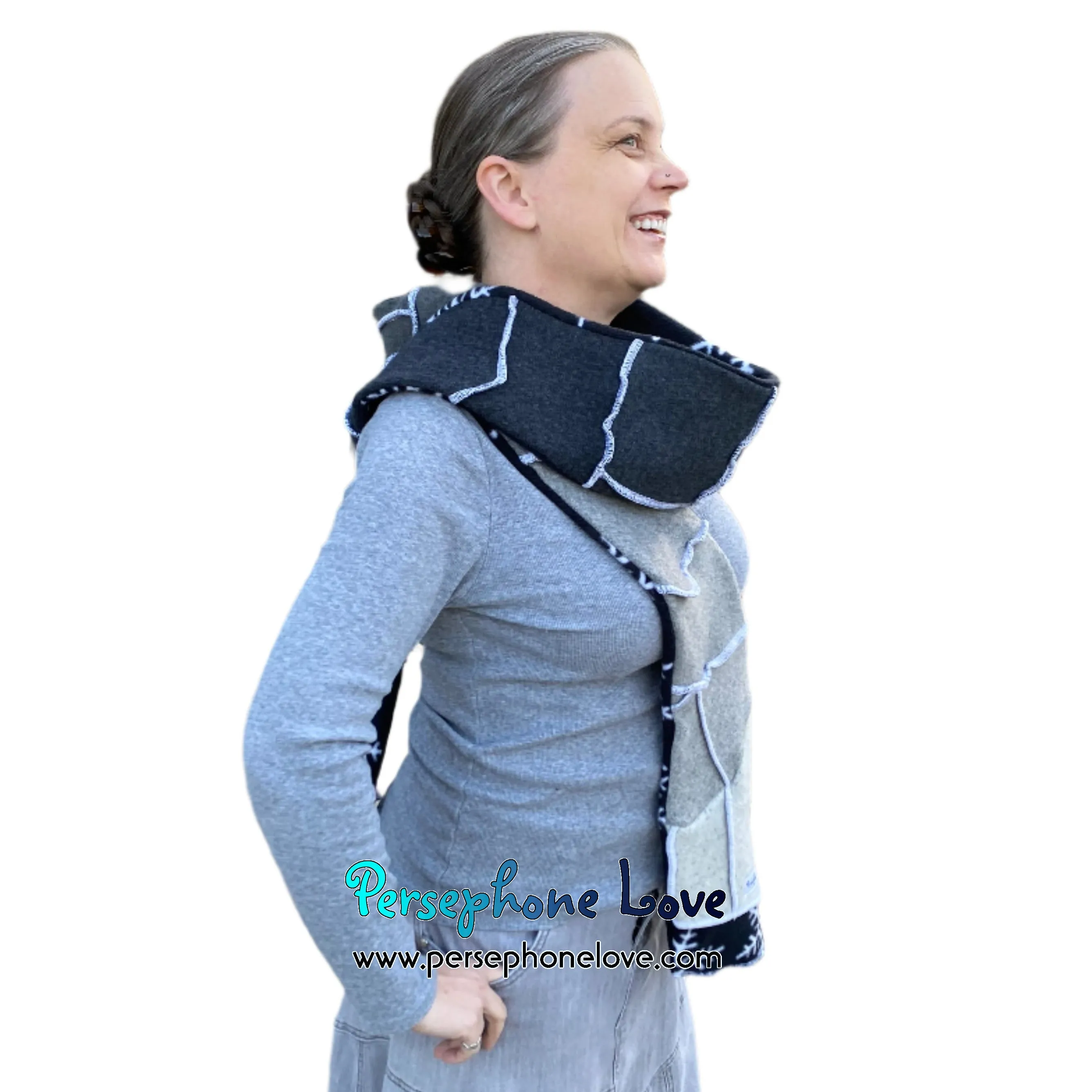 Patchwork grey 100% cashmere upcycled needle-felted sweater scarf -1789