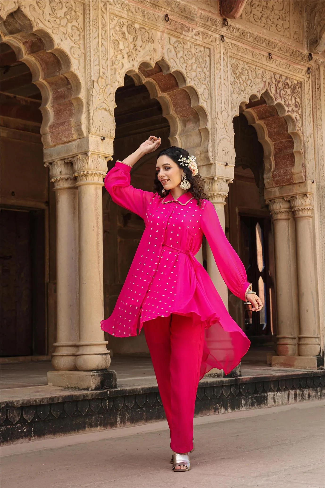 Pink Georgette Asymmetrical Co-Ord Set