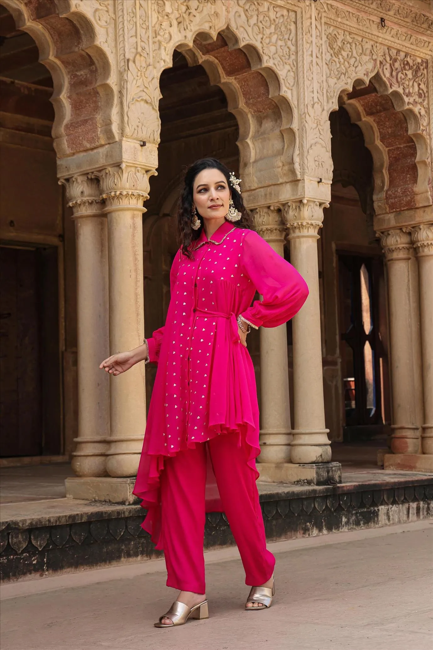 Pink Georgette Asymmetrical Co-Ord Set