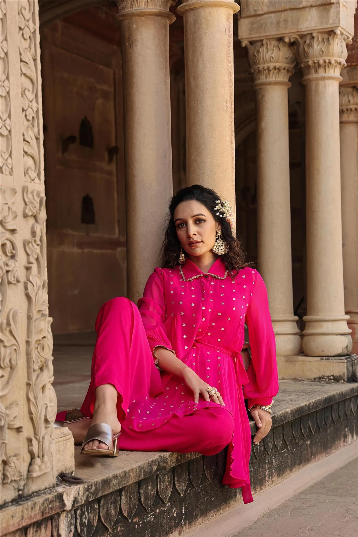 Pink Georgette Asymmetrical Co-Ord Set