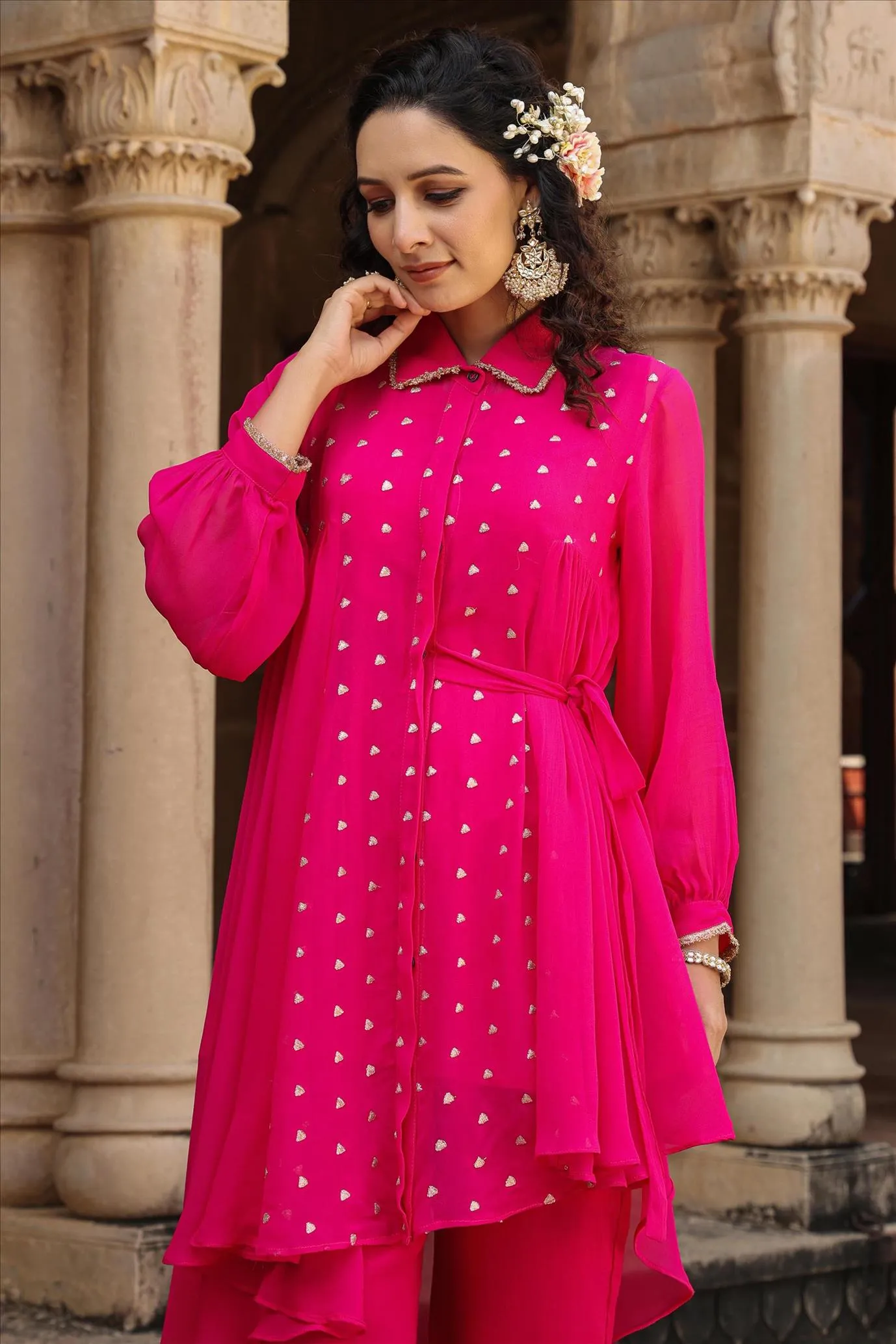 Pink Georgette Asymmetrical Co-Ord Set