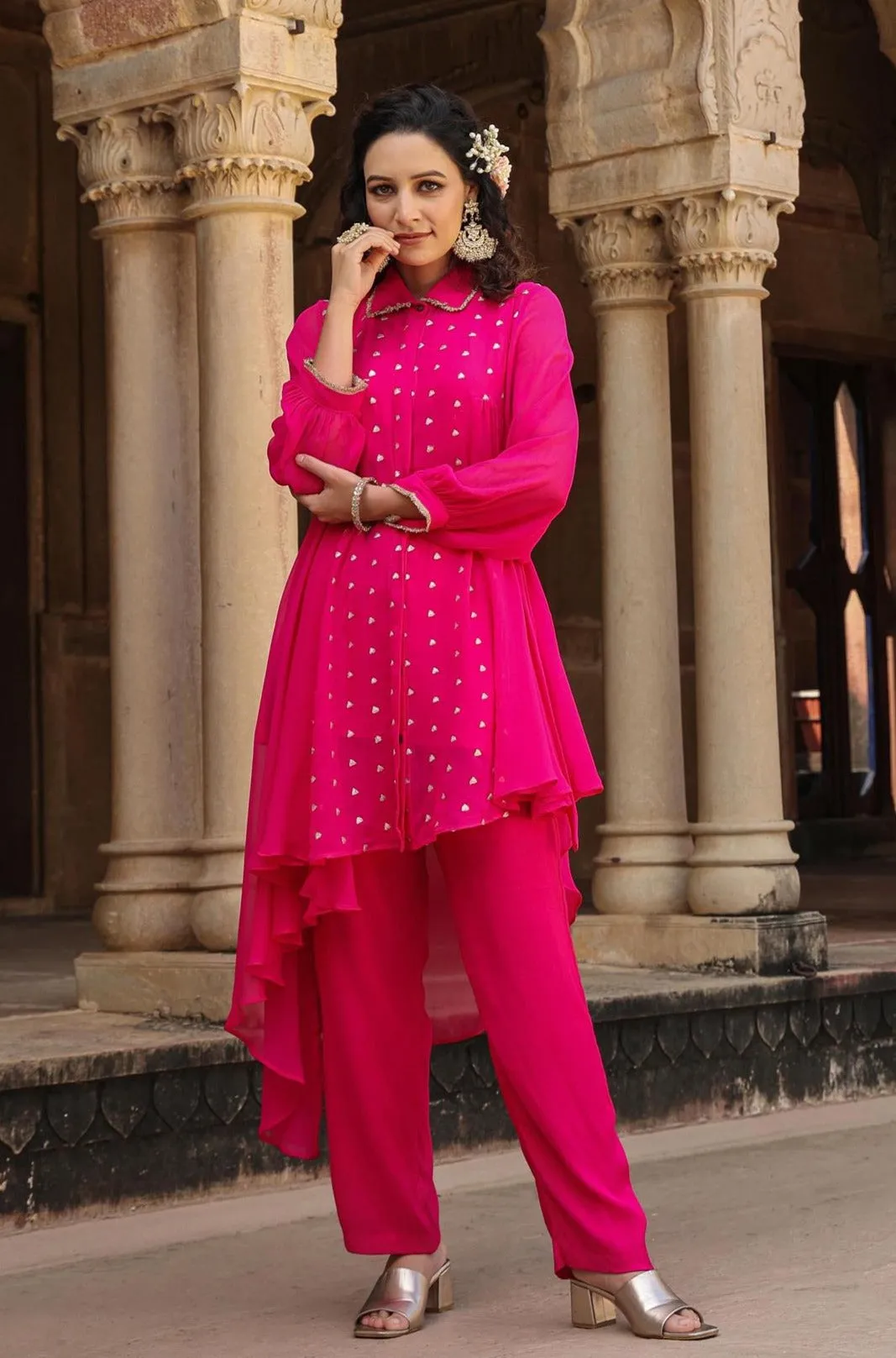 Pink Georgette Asymmetrical Co-Ord Set