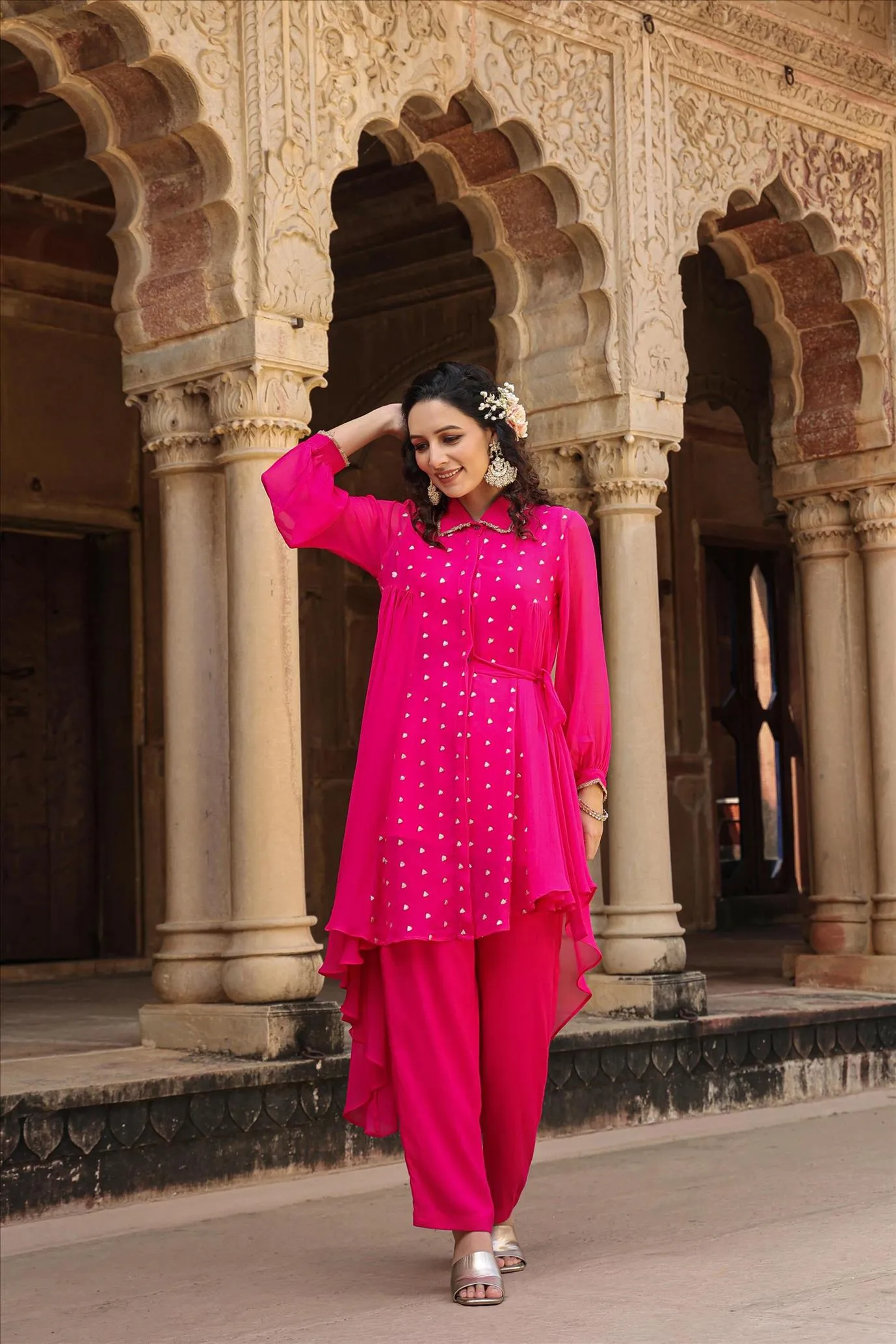 Pink Georgette Asymmetrical Co-Ord Set