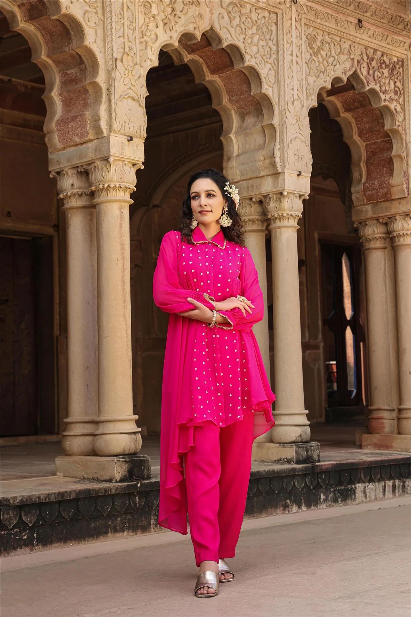 Pink Georgette Asymmetrical Co-Ord Set