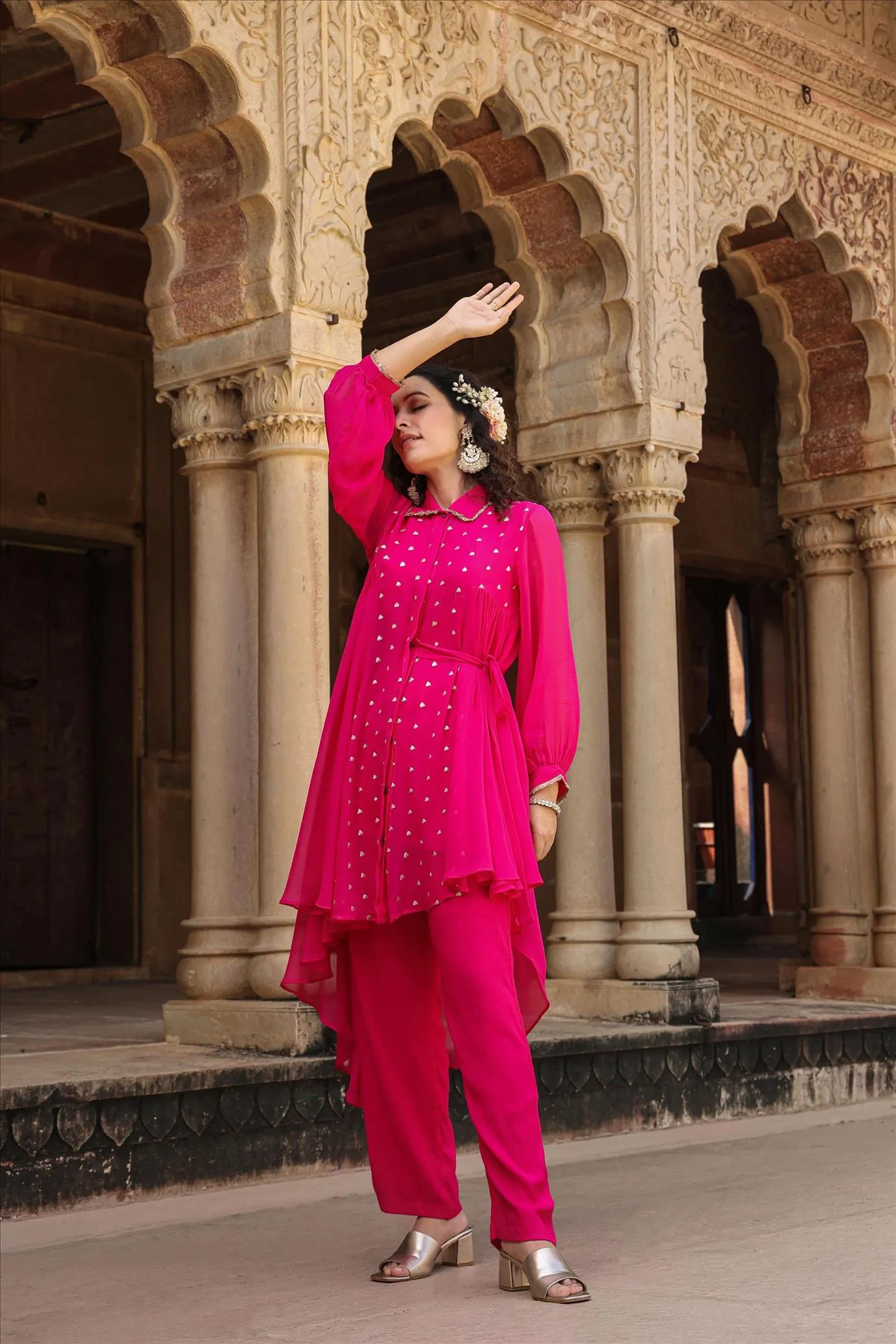 Pink Georgette Asymmetrical Co-Ord Set