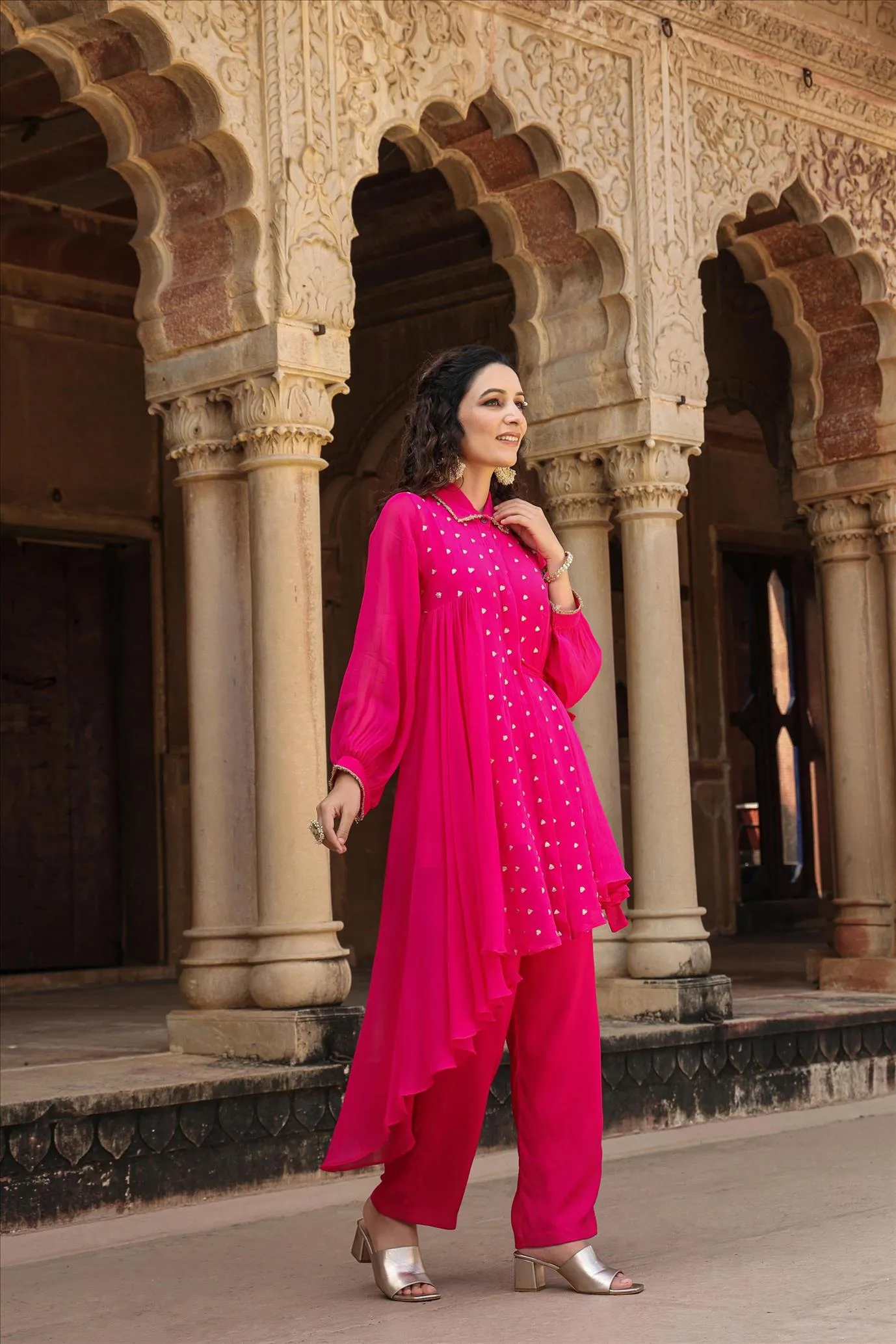 Pink Georgette Asymmetrical Co-Ord Set