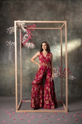 Pink Printed Jumpsuit, Drape And Belt Set With Embroidery