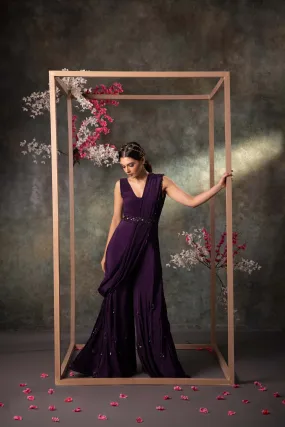 Purple Jumpsuit, Drape And Belt Set With Embroidery