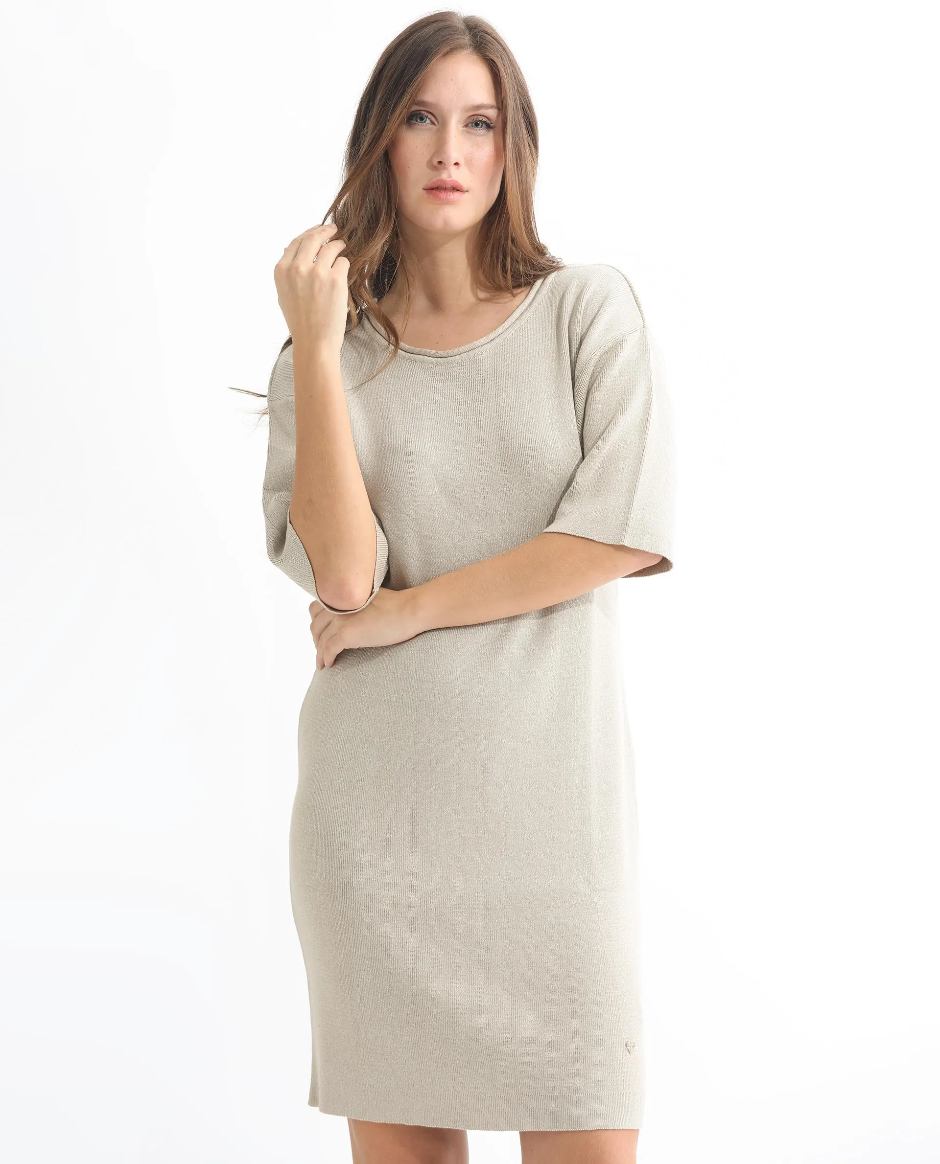 Rareism Women Shimknit Beige  Half Sleeves Relaxed Fit Solid Boat Neck Sweater