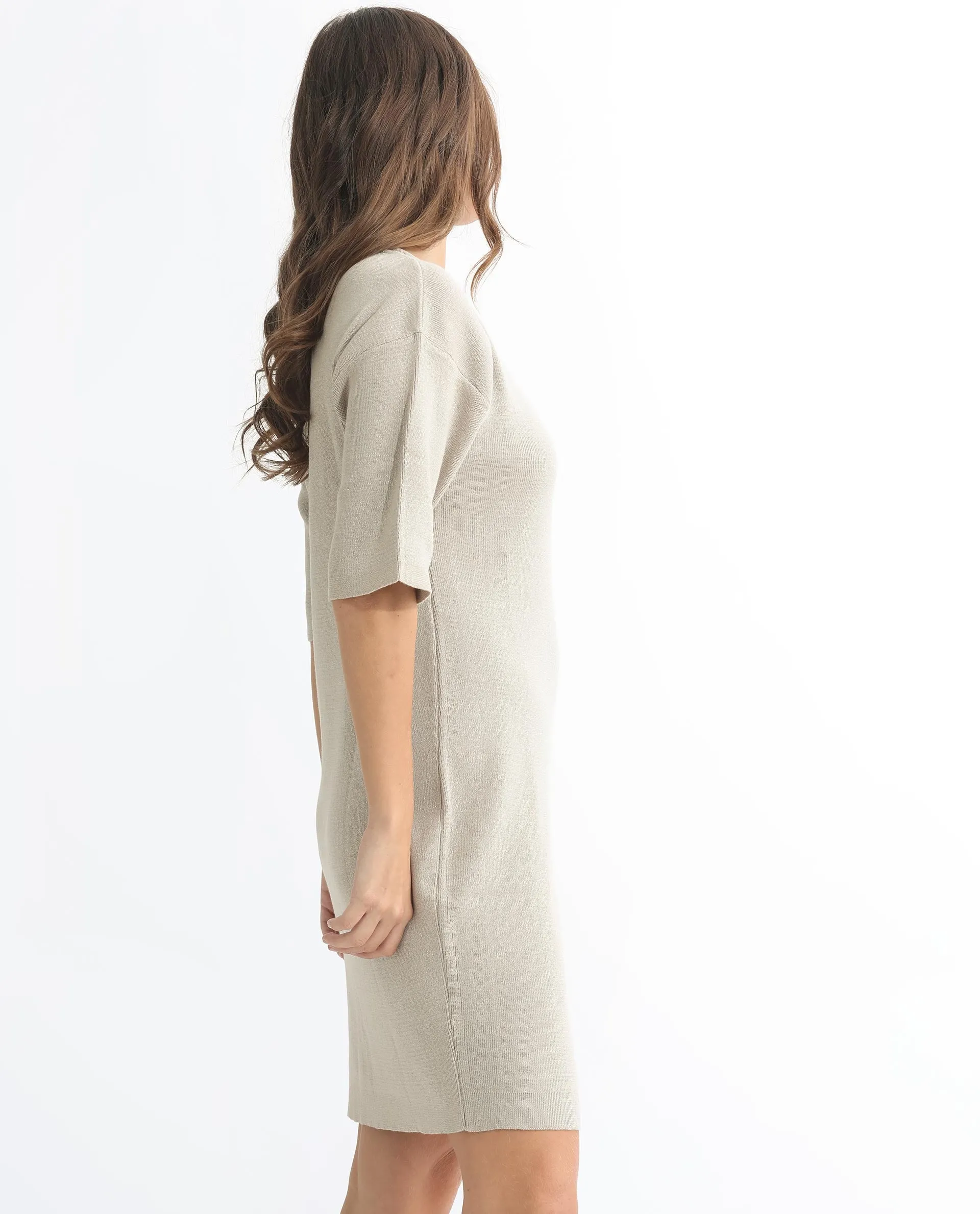 Rareism Women Shimknit Beige  Half Sleeves Relaxed Fit Solid Boat Neck Sweater