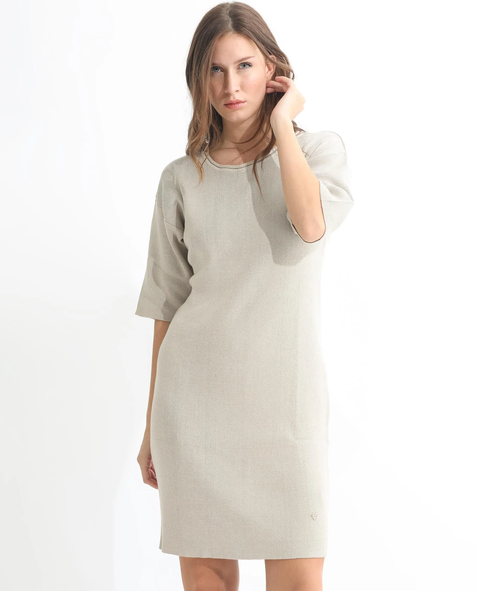 Rareism Women Shimknit Beige  Half Sleeves Relaxed Fit Solid Boat Neck Sweater