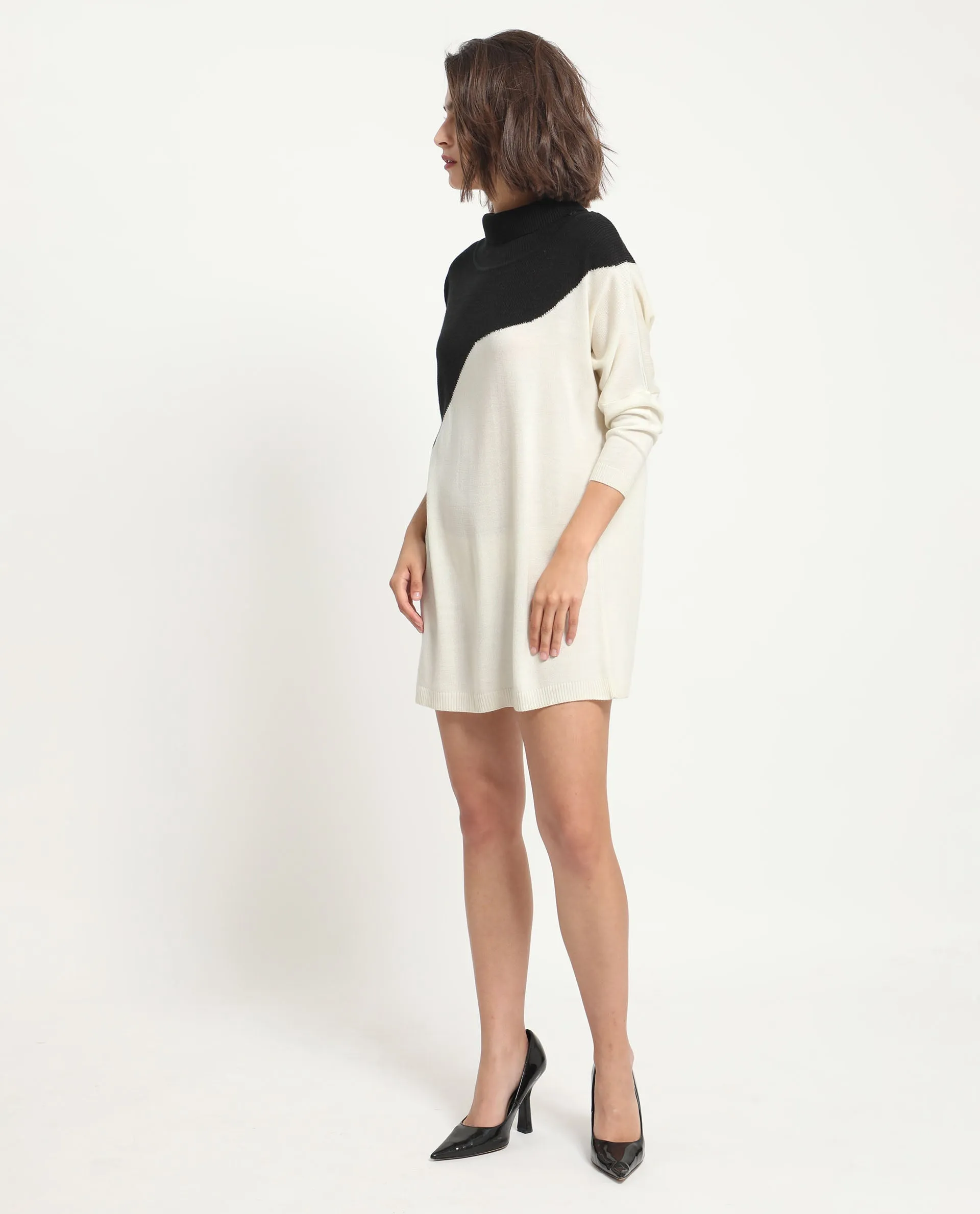 Rareism Women Spaton 2 White Acrylic Fabric Full Sleeves High Neck Regular Fit Color Blocked Knee Length Sweater