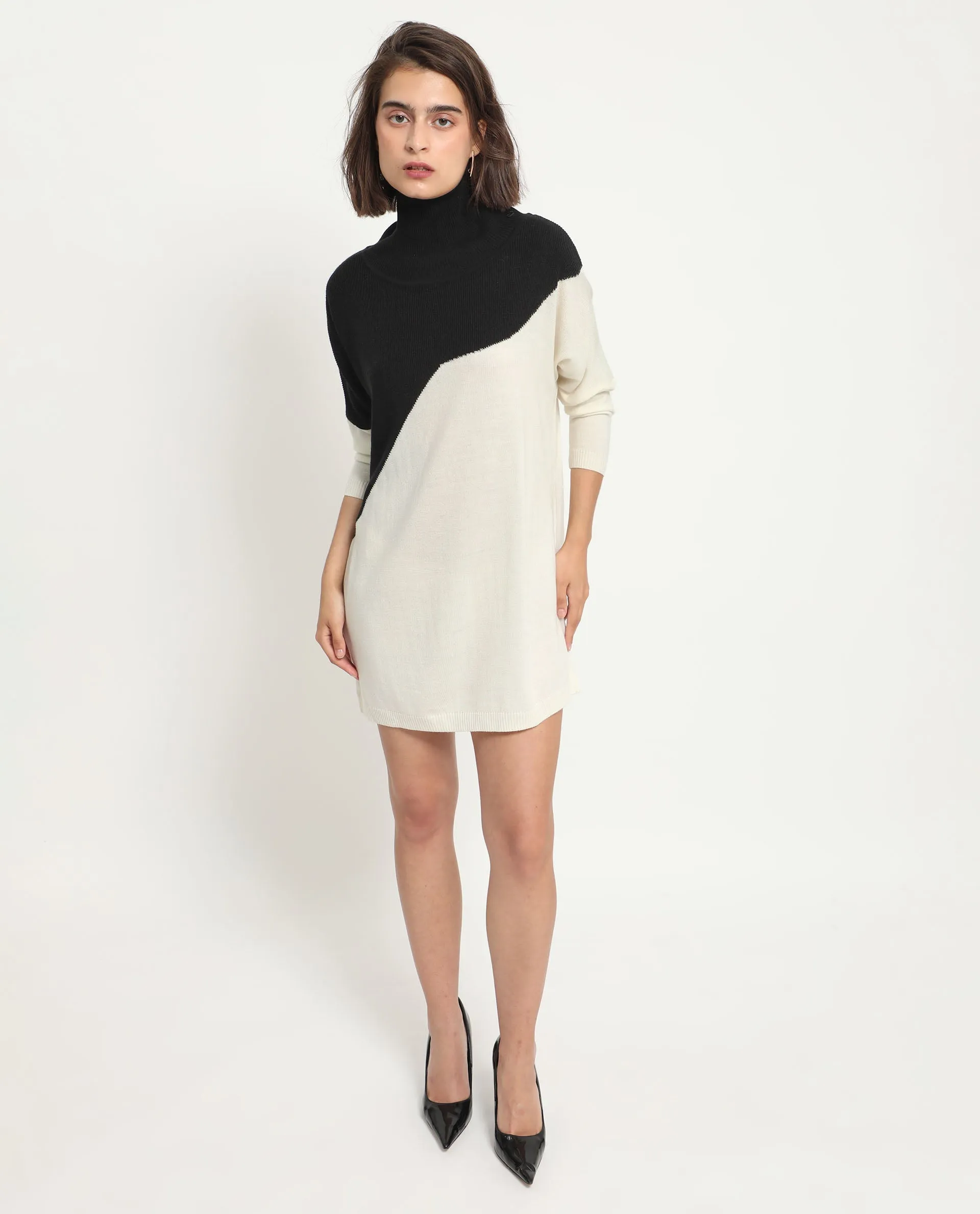 Rareism Women Spaton 2 White Acrylic Fabric Full Sleeves High Neck Regular Fit Color Blocked Knee Length Sweater