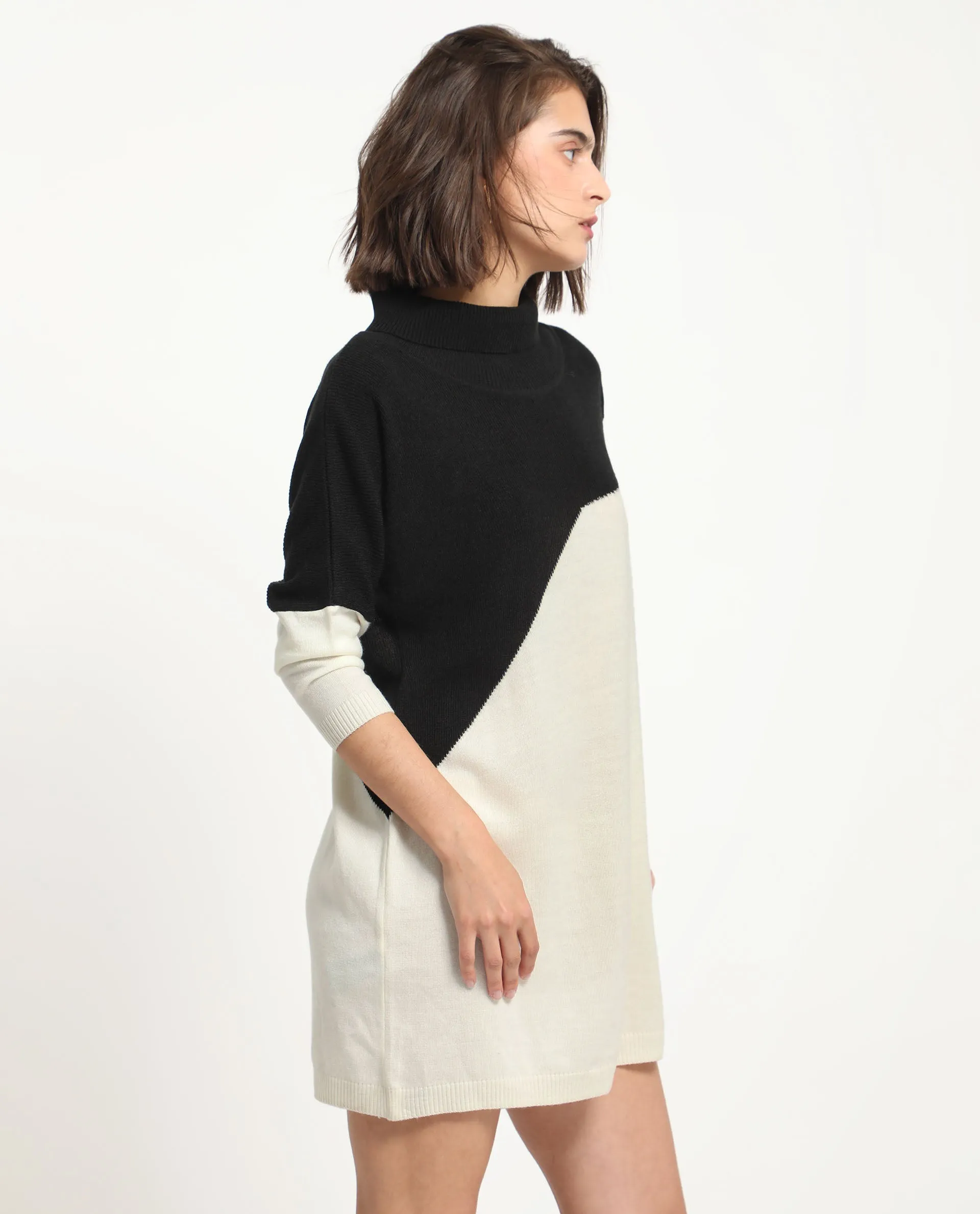 Rareism Women Spaton 2 White Acrylic Fabric Full Sleeves High Neck Regular Fit Color Blocked Knee Length Sweater