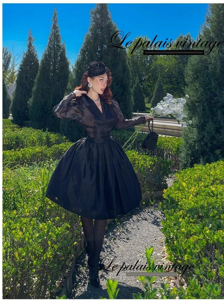 Retro black see through puff princess long sleeve top- Ria