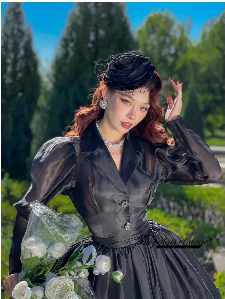 Retro black see through puff princess long sleeve top- Ria