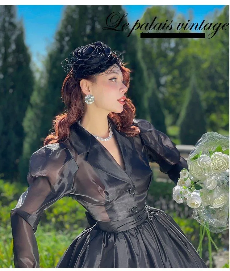 Retro black see through puff princess long sleeve top- Ria