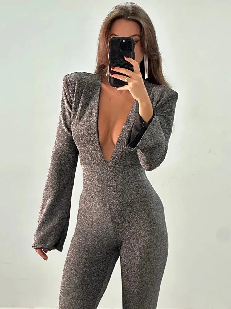 Sparkly Evening Jumpsuit Plunging Neckline Pantsuits