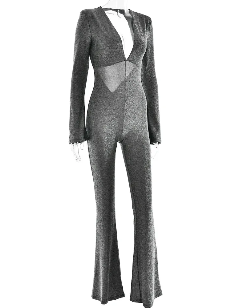 Sparkly Evening Jumpsuit Plunging Neckline Pantsuits