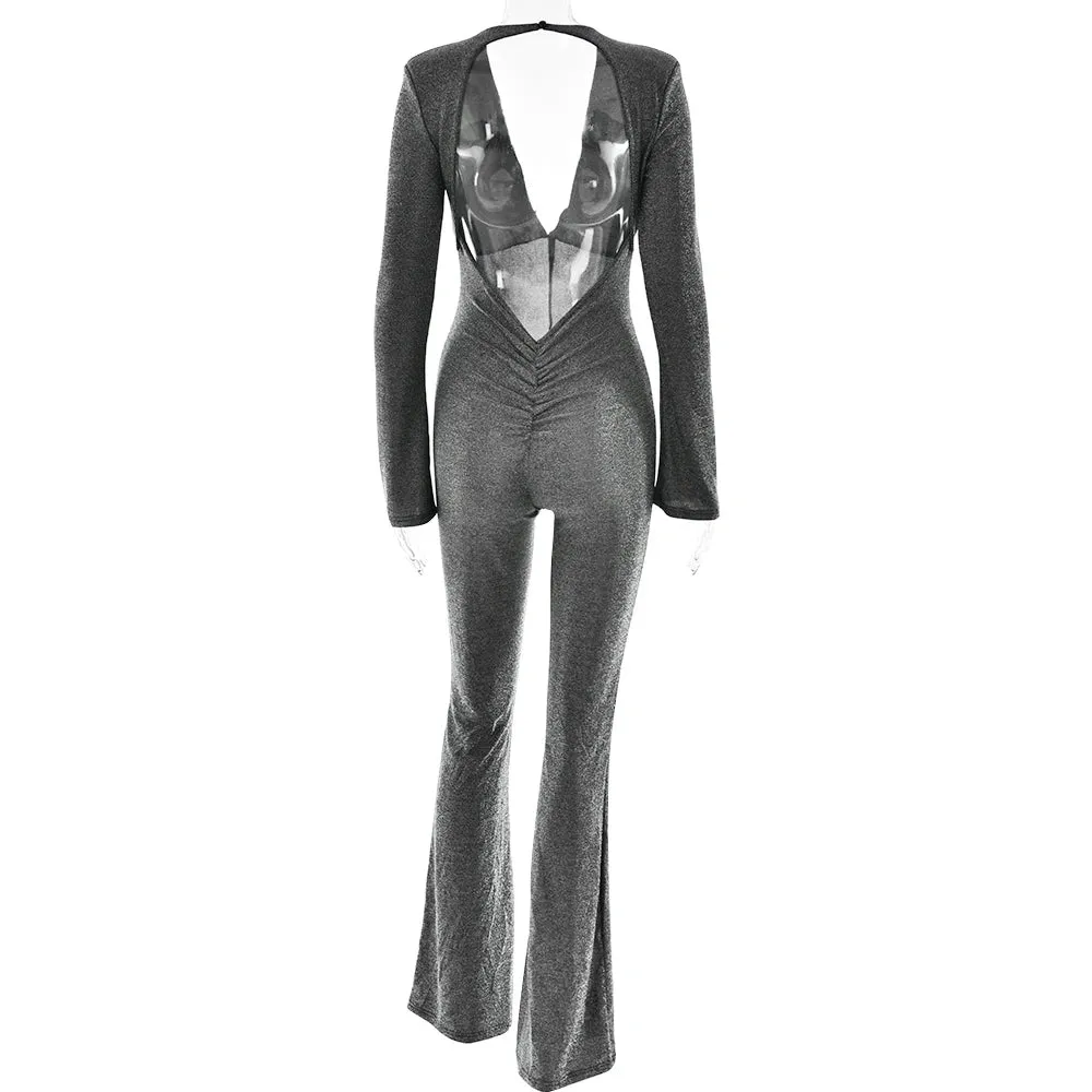 Sparkly Evening Jumpsuit Plunging Neckline Pantsuits
