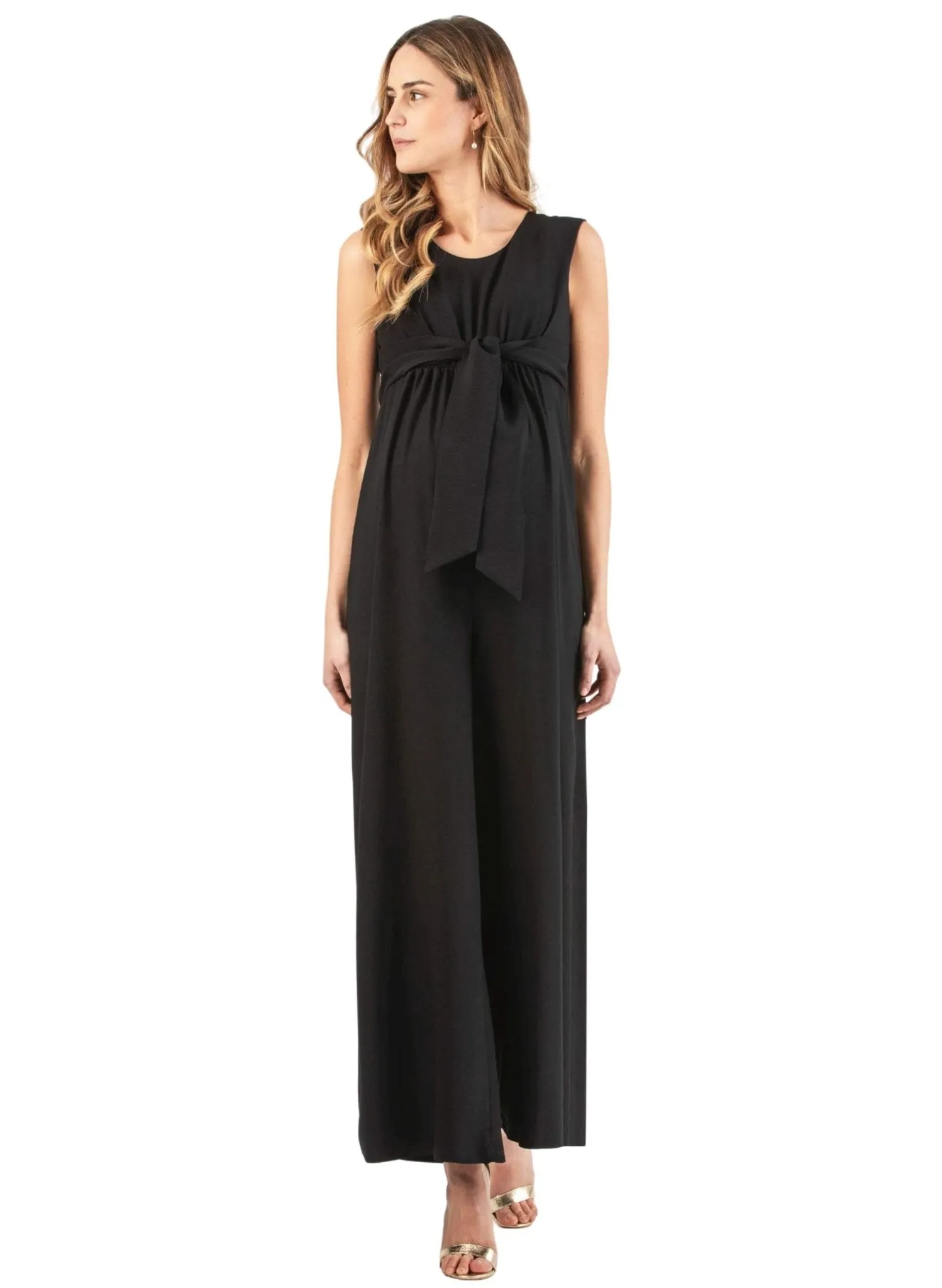 Wide Leg Maternity Jumpsuit with Front Ribbon -  Black