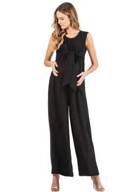 Wide Leg Maternity Jumpsuit with Front Ribbon -  Black
