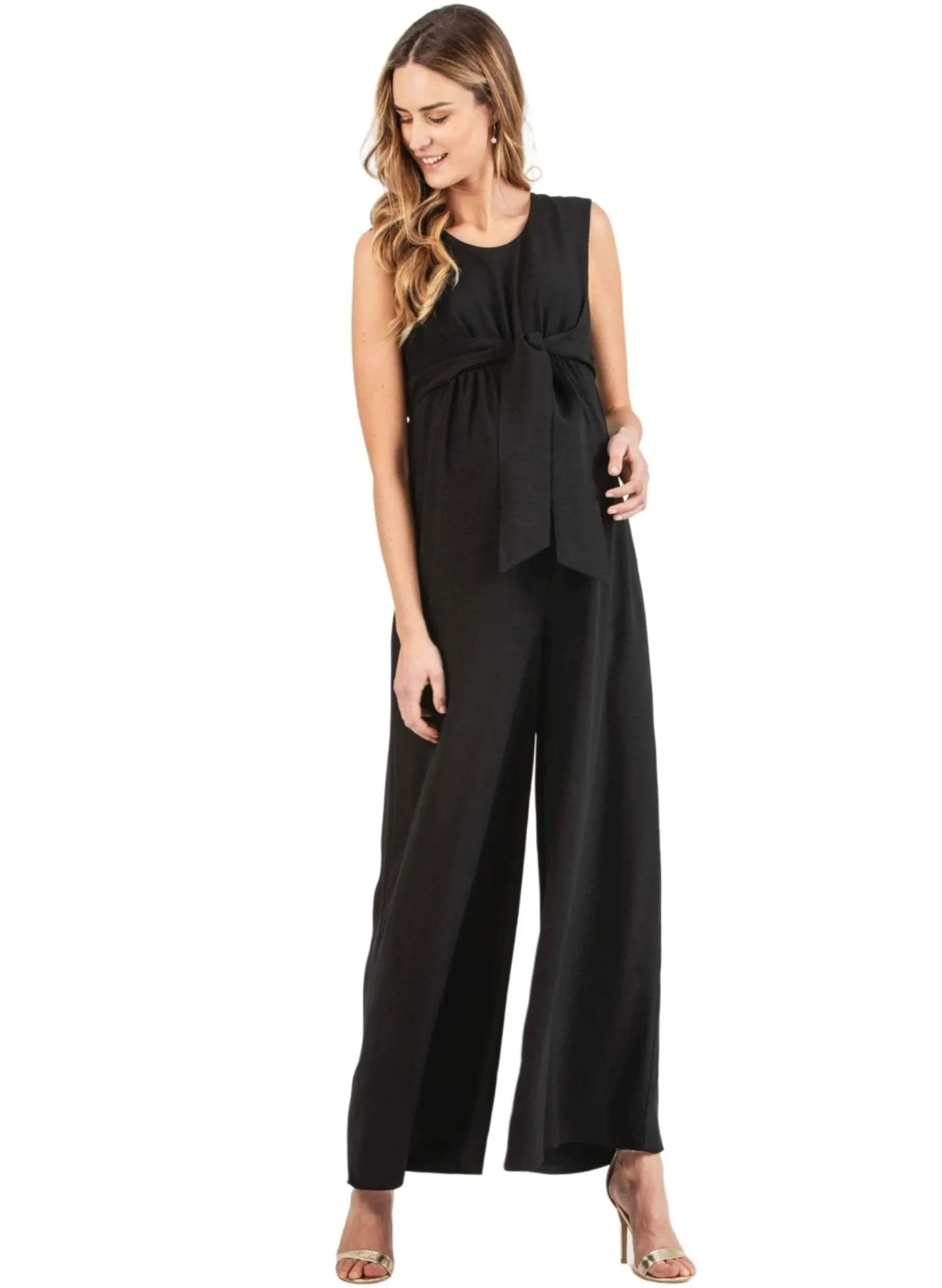 Wide Leg Maternity Jumpsuit with Front Ribbon -  Black