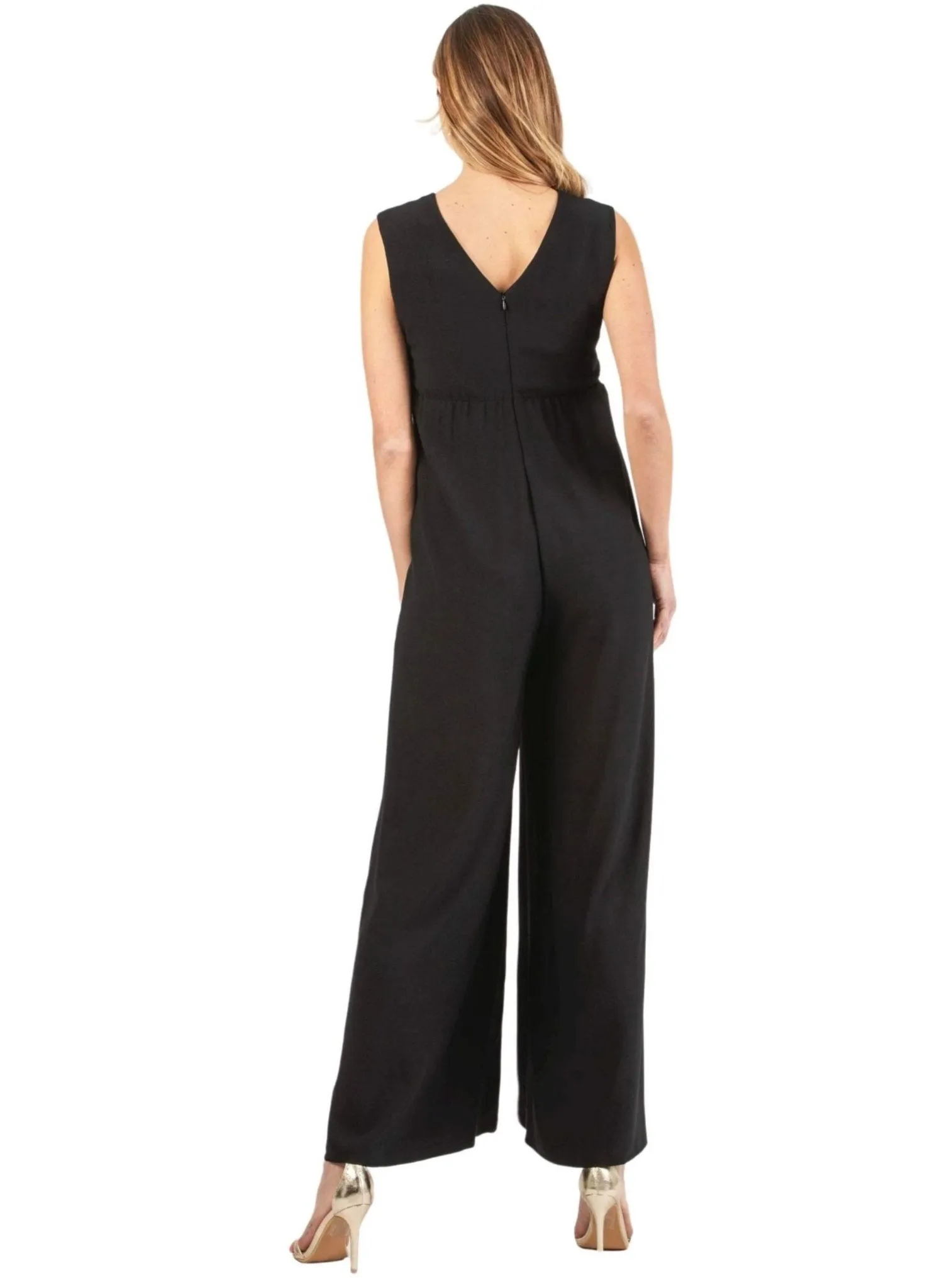 Wide Leg Maternity Jumpsuit with Front Ribbon -  Black