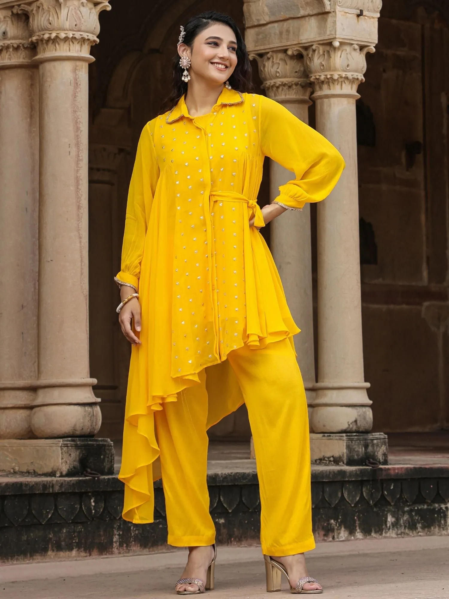 Yellow Georgette Asymmetrical Co-Ord Set