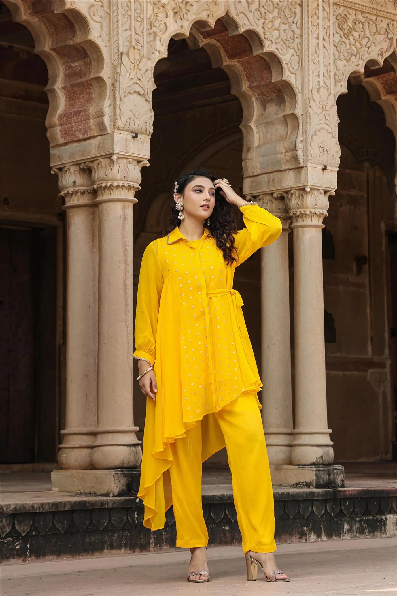 Yellow Georgette Asymmetrical Co-Ord Set