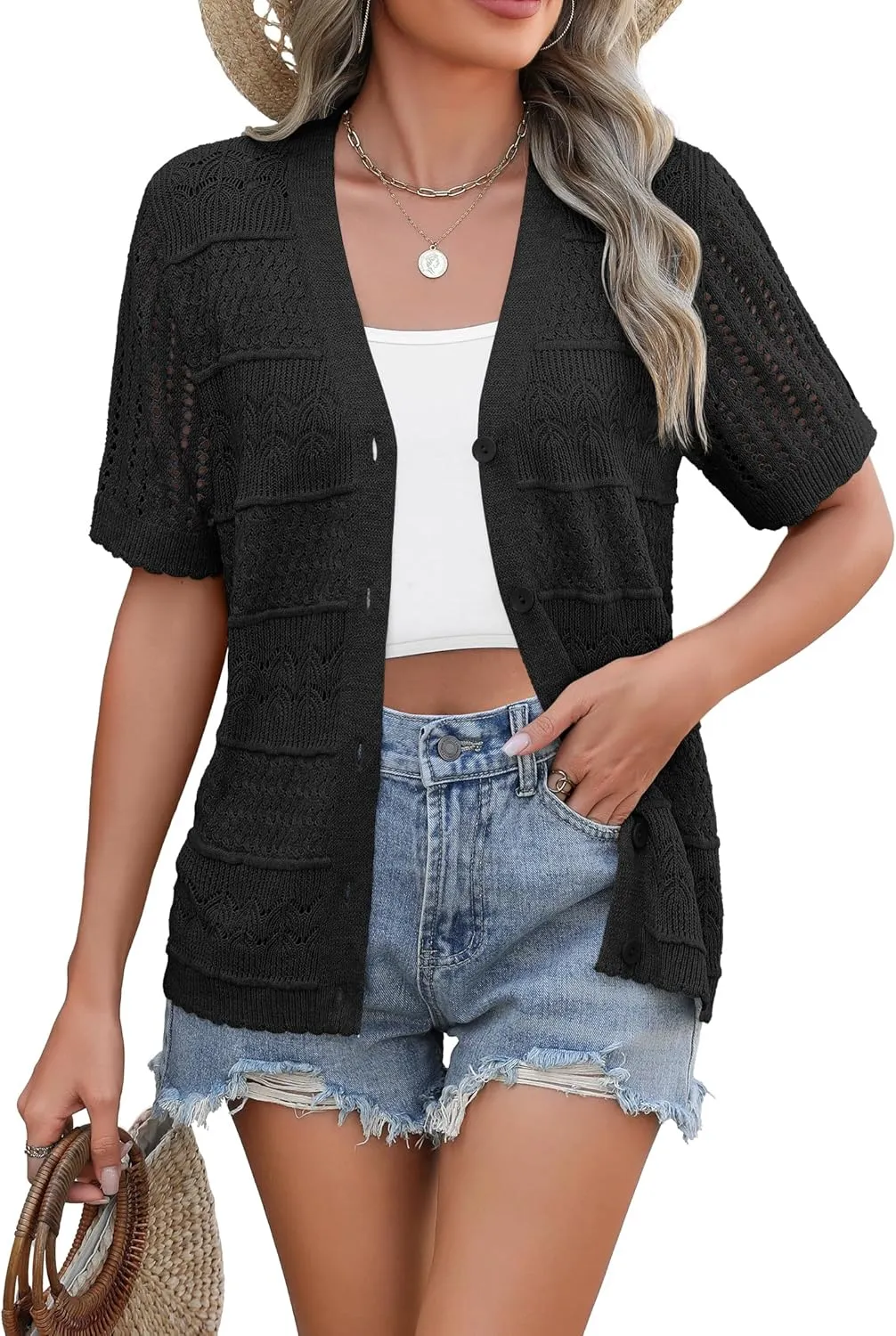 Zeagoo Short Sleeve Crochet Cardigan Button up Bolero Shrug Sweater