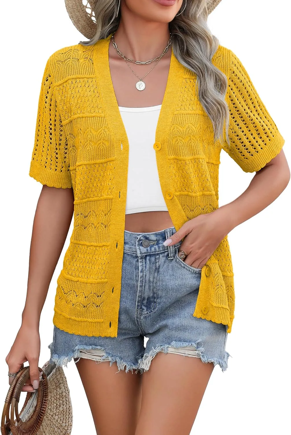Zeagoo Short Sleeve Crochet Cardigan Button up Bolero Shrug Sweater