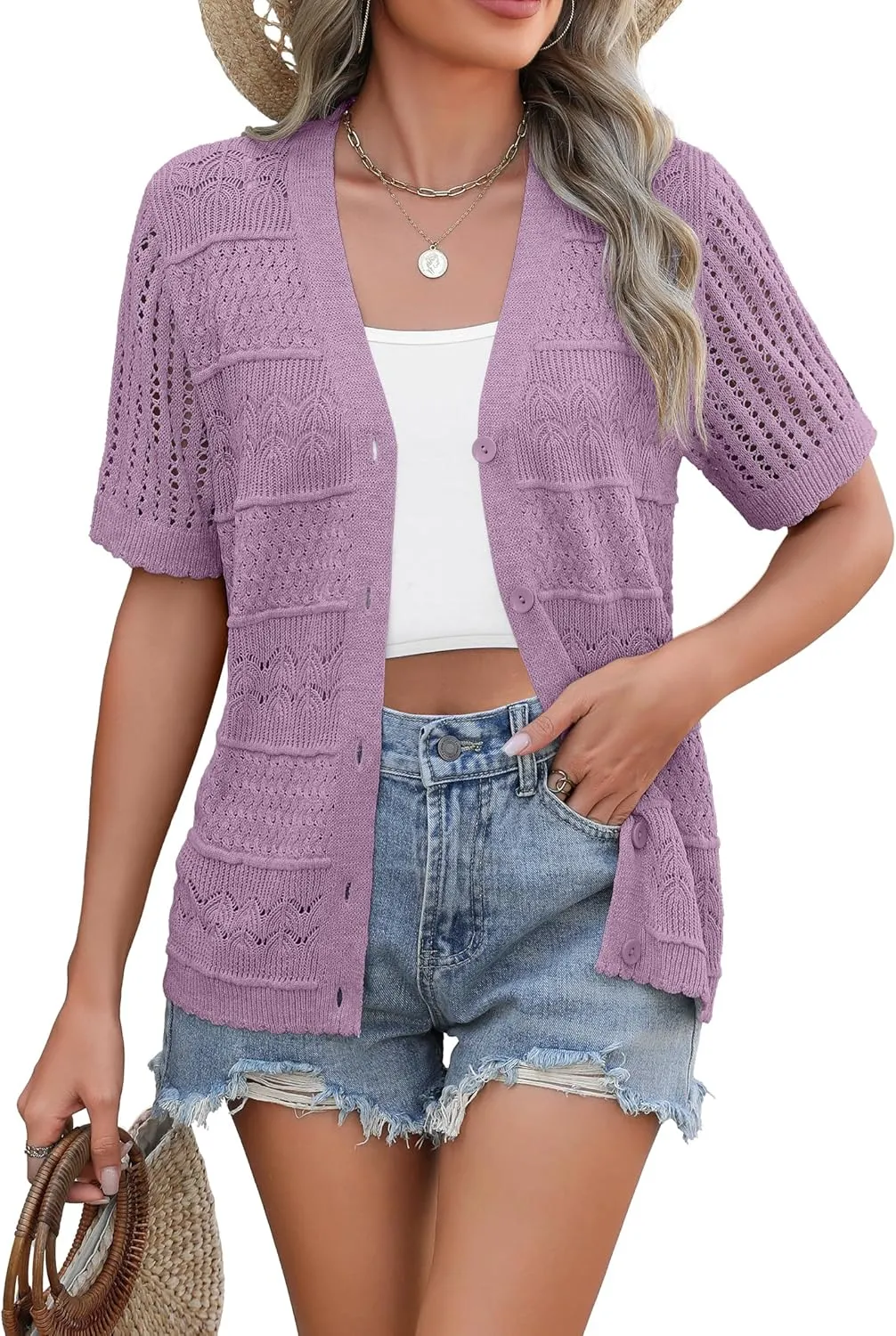 Zeagoo Short Sleeve Crochet Cardigan Button up Bolero Shrug Sweater
