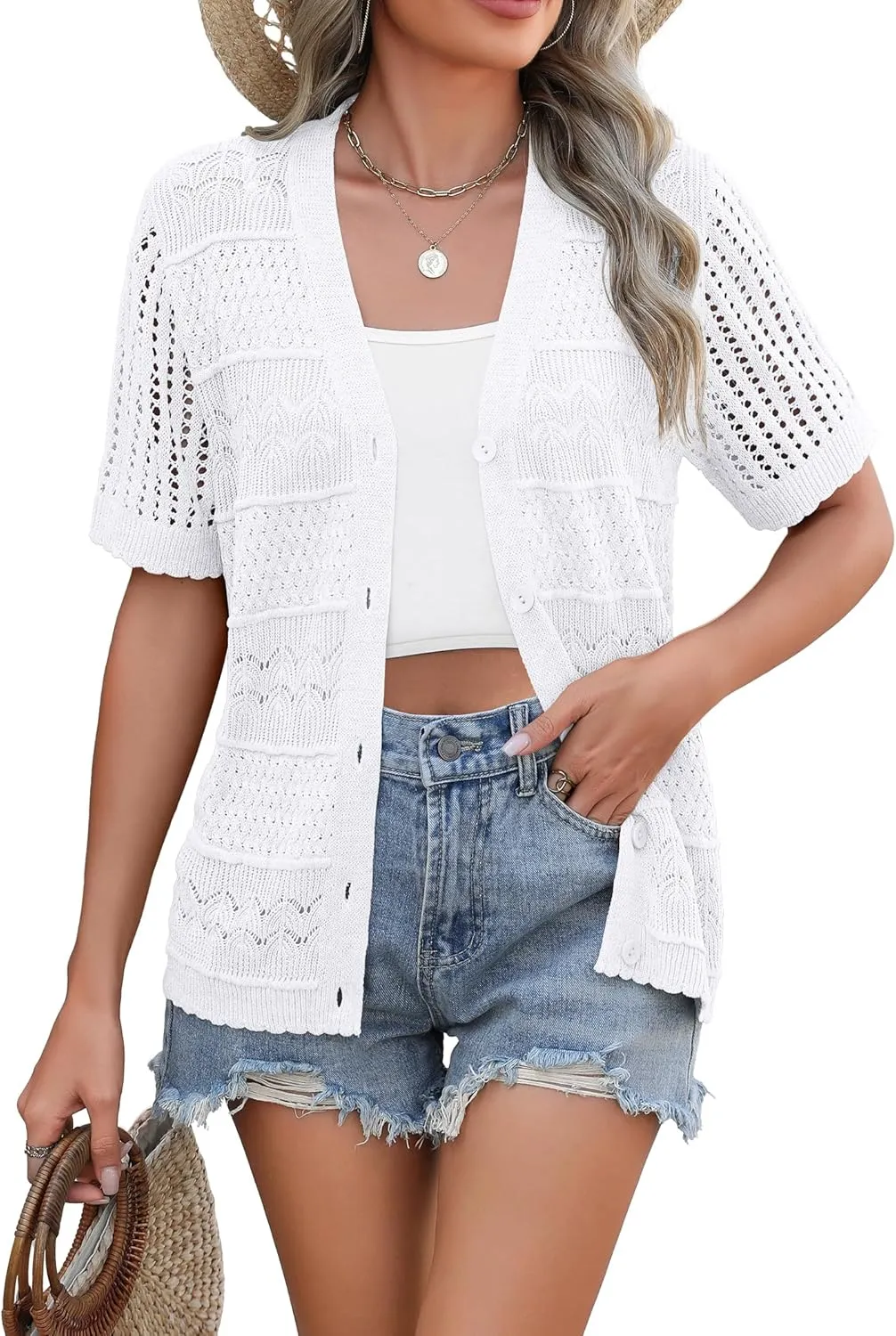 Zeagoo Short Sleeve Crochet Cardigan Button up Bolero Shrug Sweater