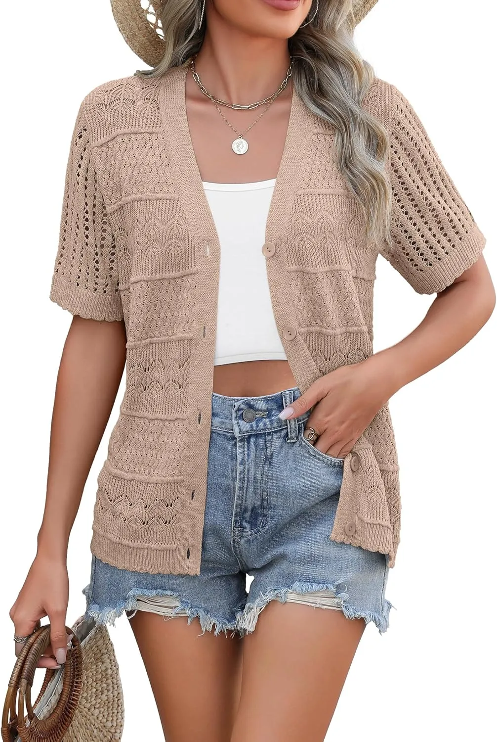 Zeagoo Short Sleeve Crochet Cardigan Button up Bolero Shrug Sweater