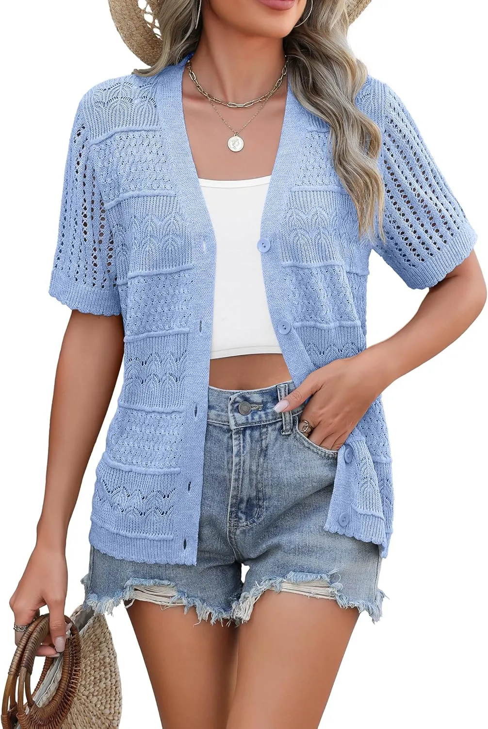 Zeagoo Short Sleeve Crochet Cardigan Button up Bolero Shrug Sweater