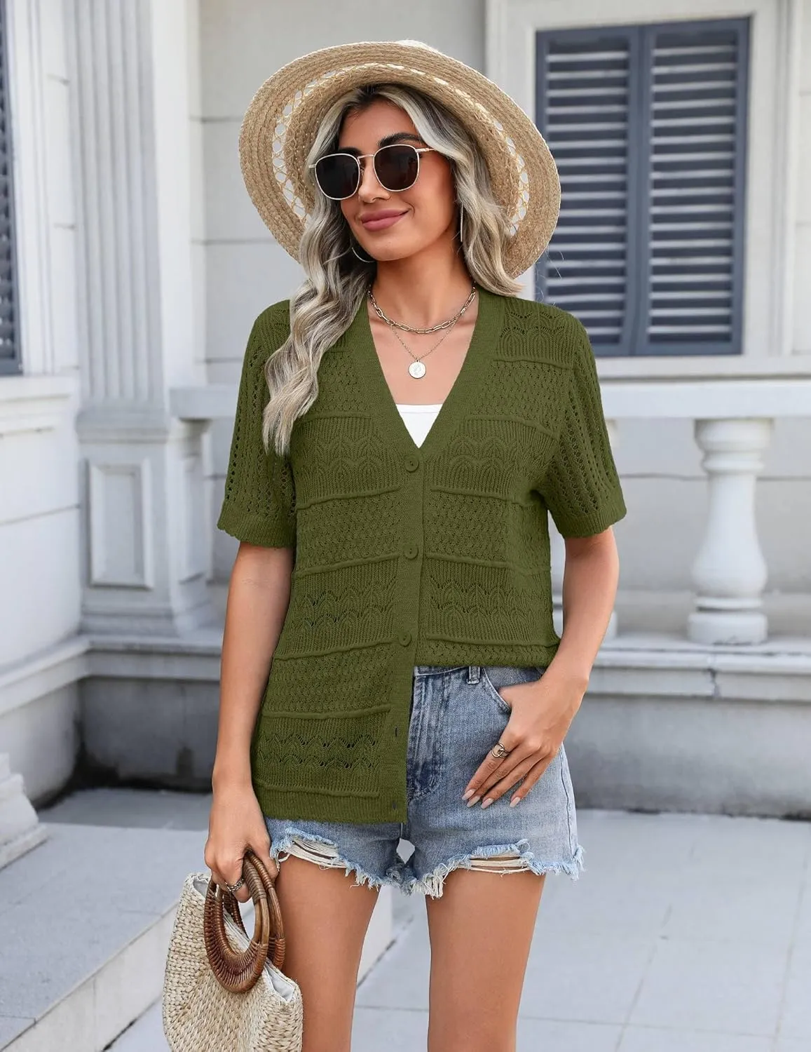 Zeagoo Short Sleeve Crochet Cardigan Button up Bolero Shrug Sweater