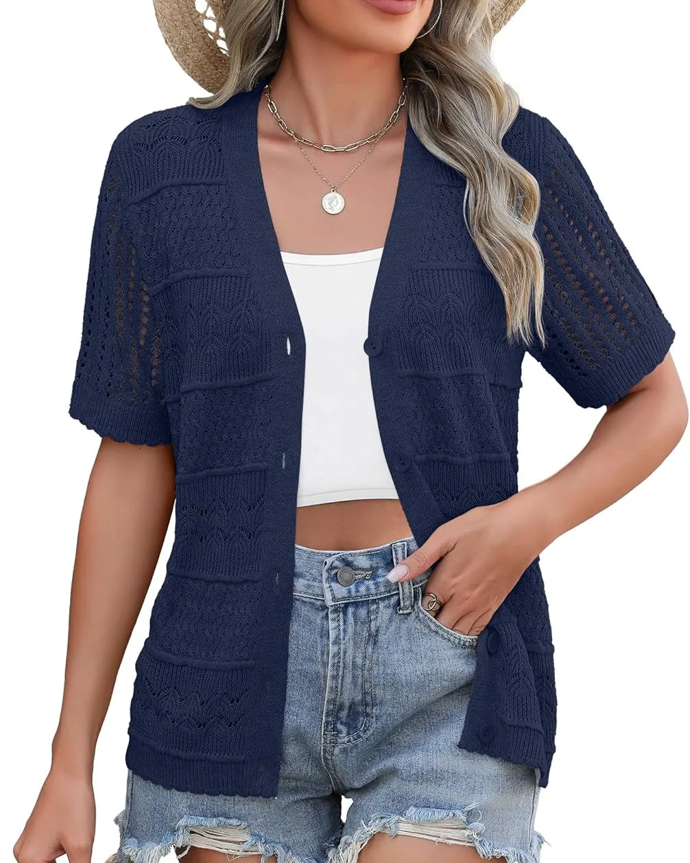 Zeagoo Short Sleeve Crochet Cardigan Button up Bolero Shrug Sweater