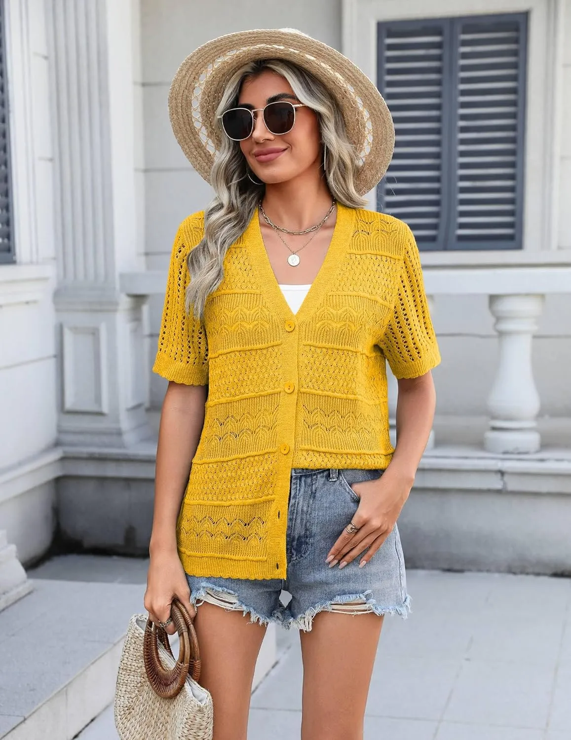 Zeagoo Short Sleeve Crochet Cardigan Button up Bolero Shrug Sweater